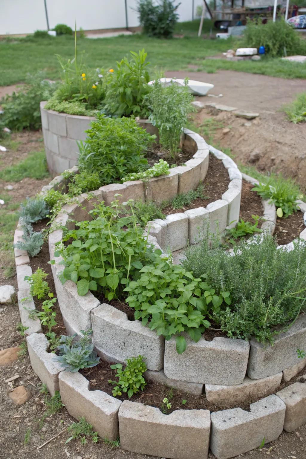 An herb spiral crafted from cinder blocks.