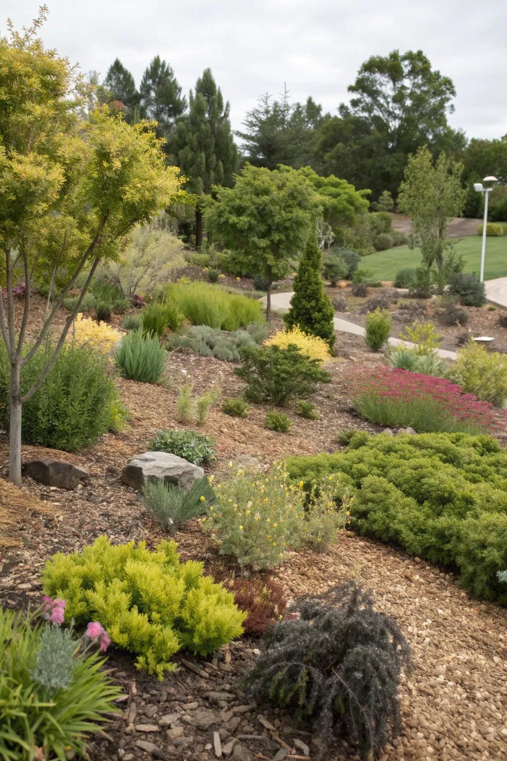 Diverse plants standing out against mulch.