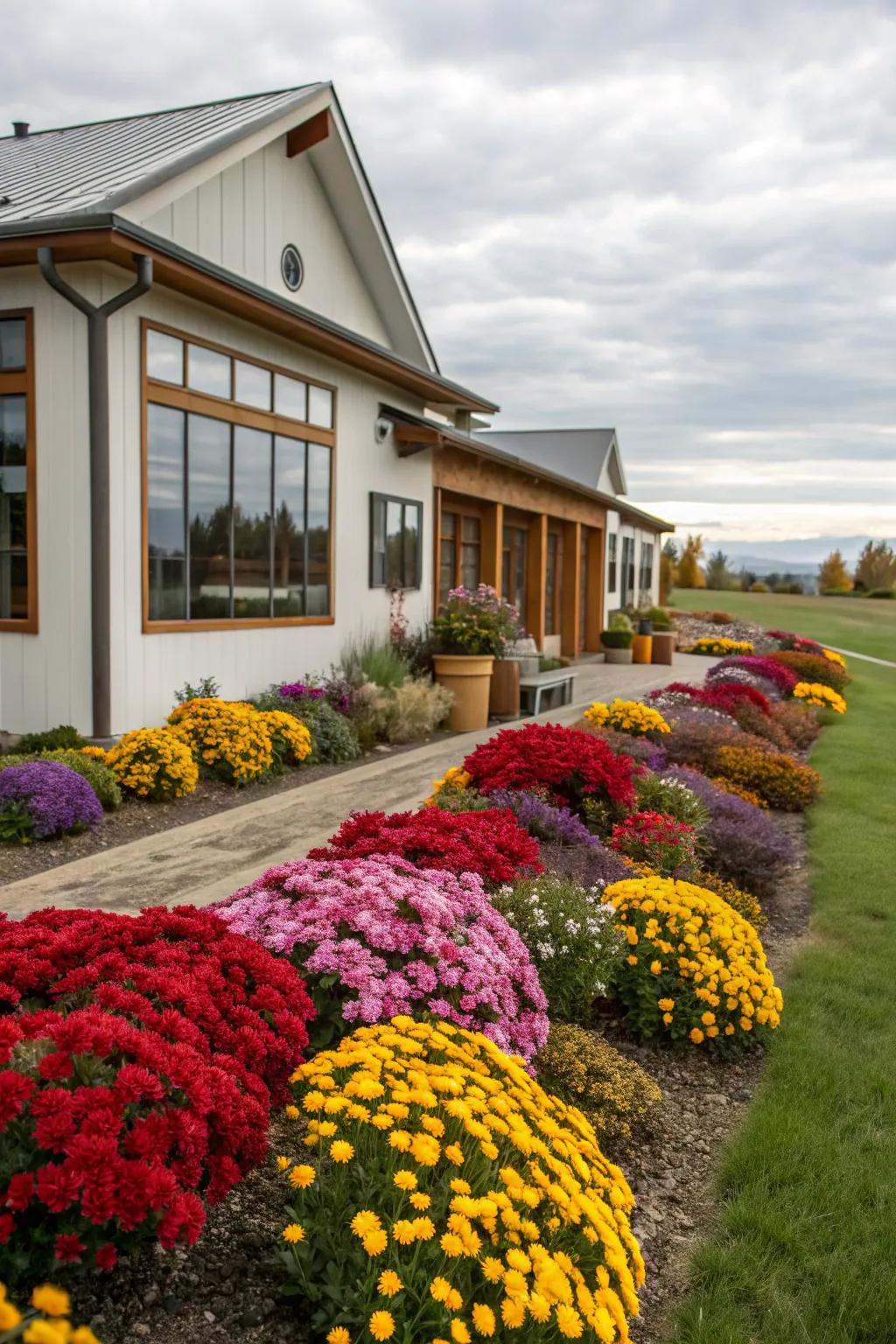 Bright and colorful flower beds adding charm to a ranch-style home.