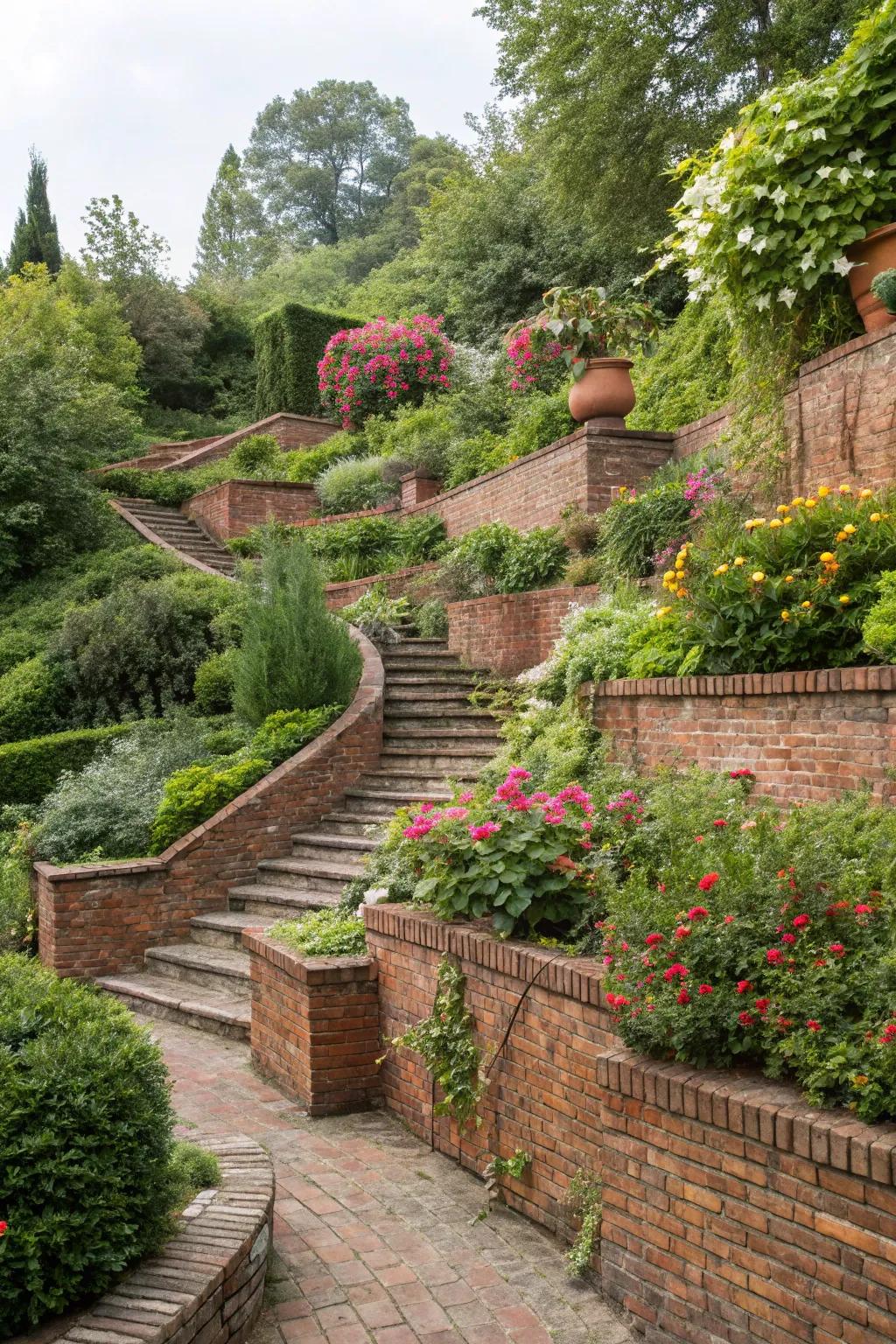 Terracing with bricks adds dimension and beauty to sloped gardens.