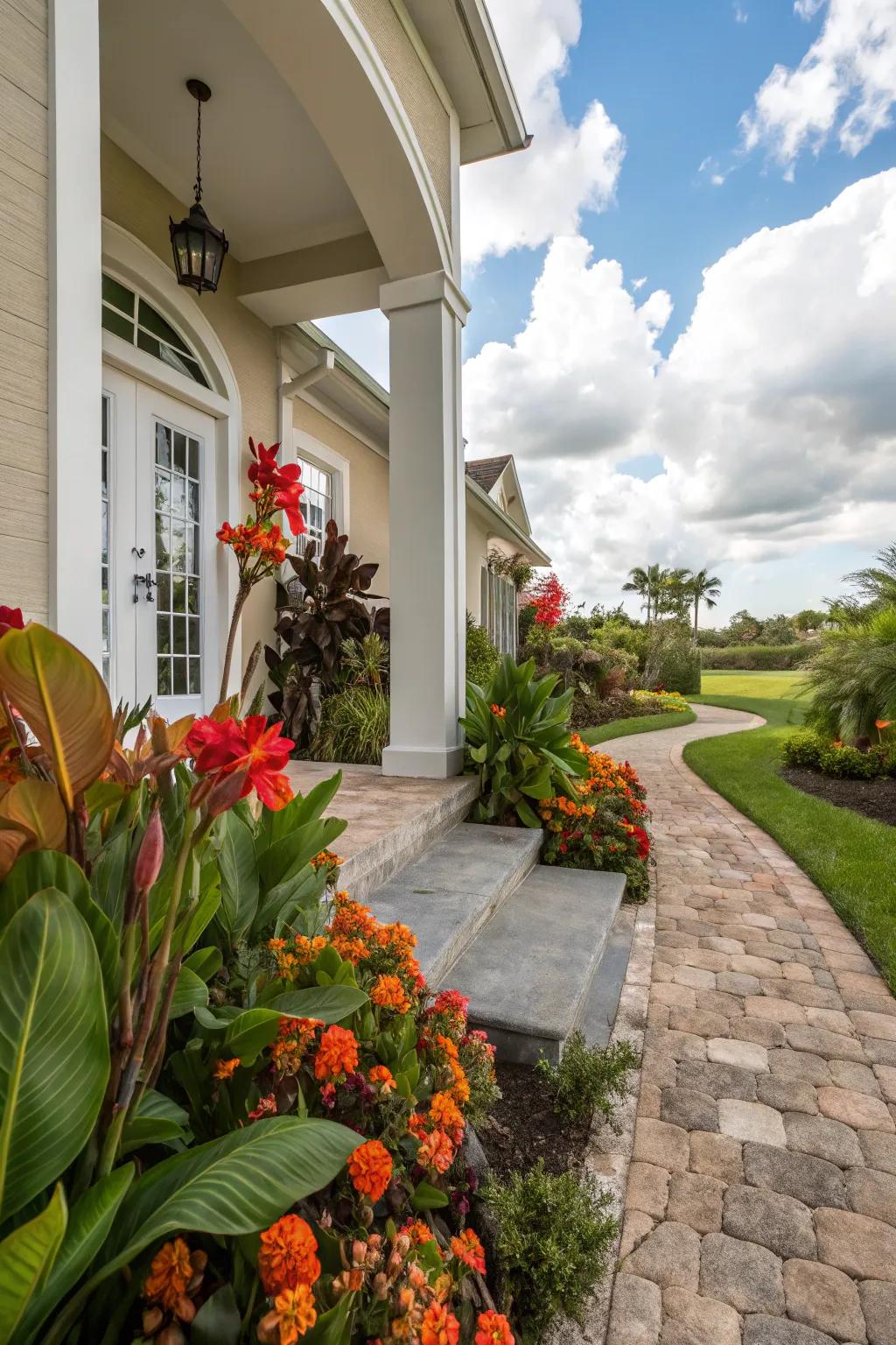 Canna lilies enhancing a house entrance