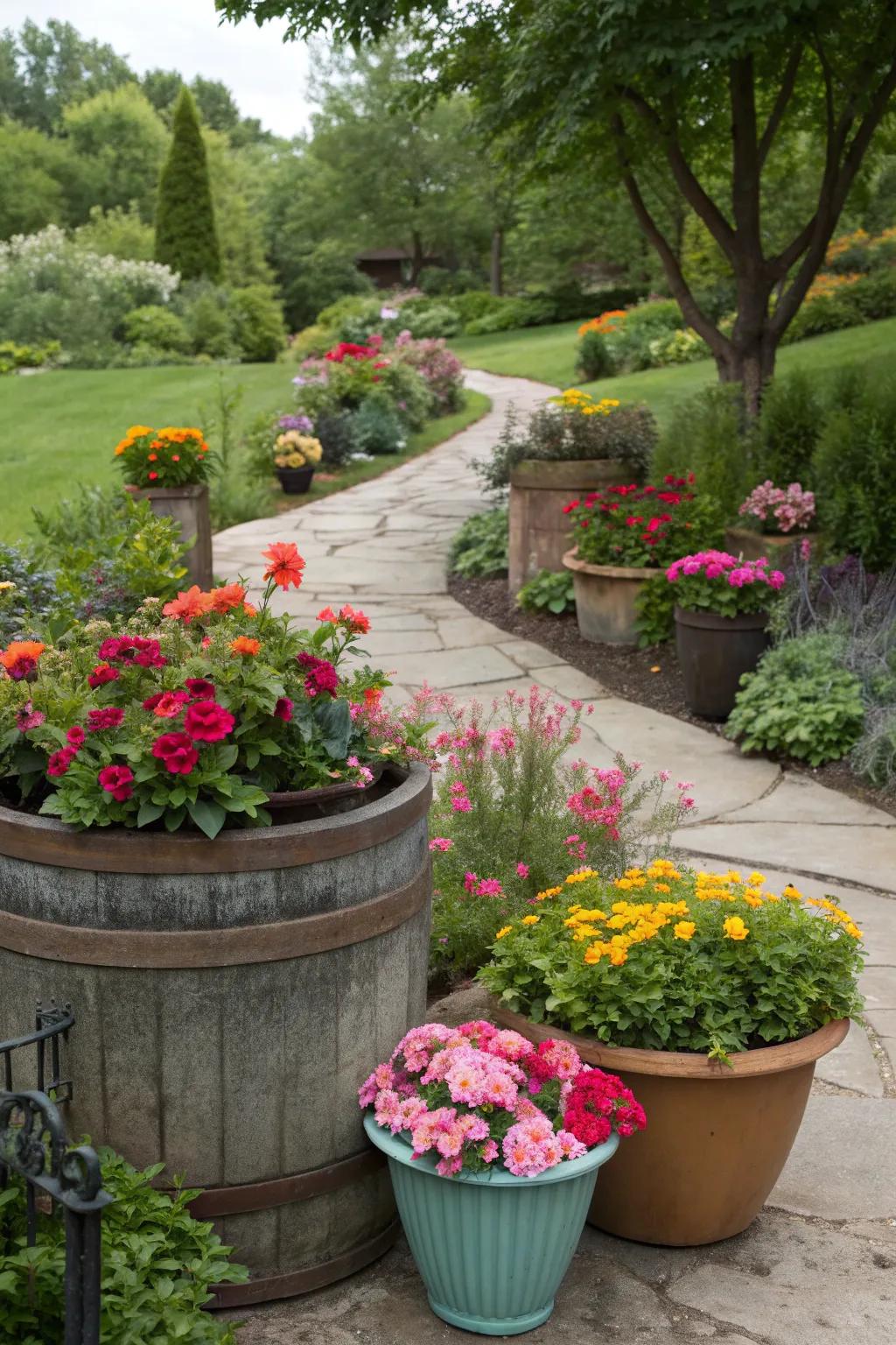 Versatile containers and planters filled with vibrant flowers.
