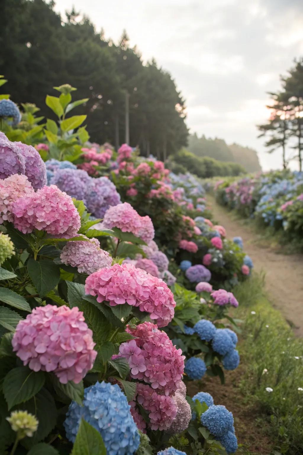 Highlight seasonal colors with diverse hydrangea blooms.
