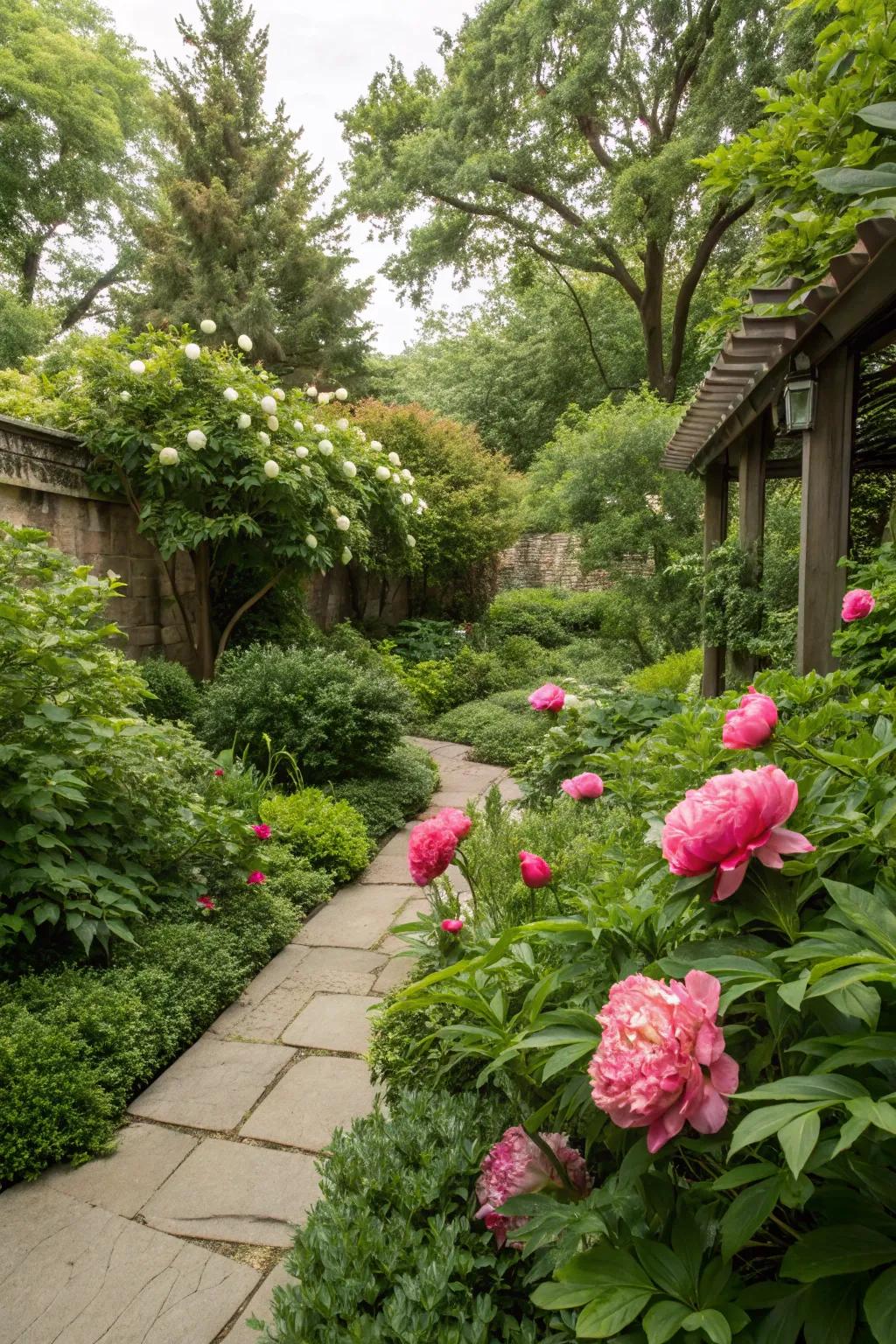 Peonies add a vibrant pop of color to a monotone garden.