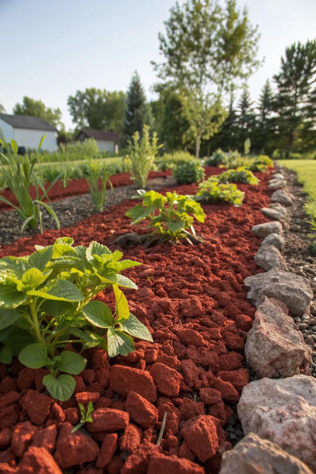 Red lava rocks as mulch retain moisture and suppress weeds.