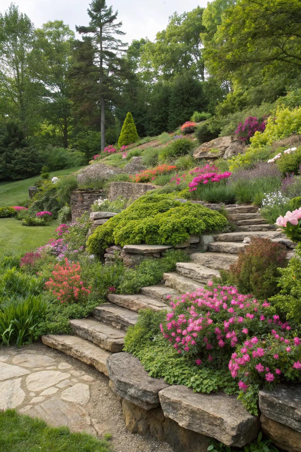 Layered rock terraces adding depth and dimension