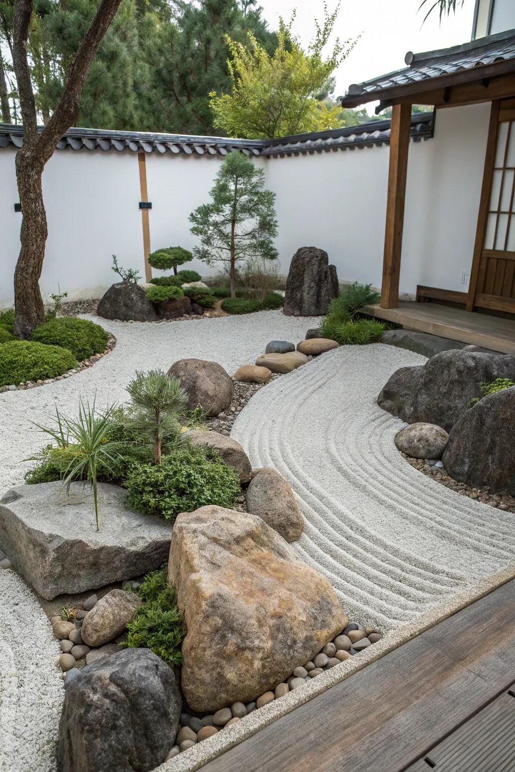 A Zen garden corner offers a serene retreat within your garden.