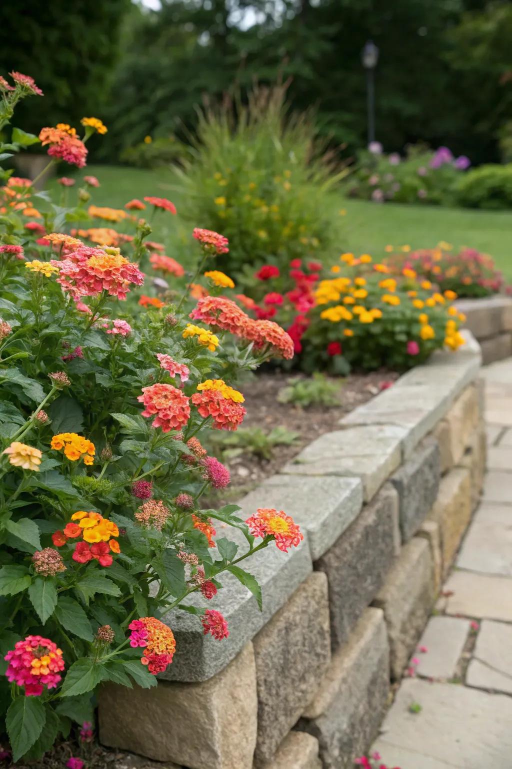 Raised stone beds showcasing lantanas, adding dimension to the garden.