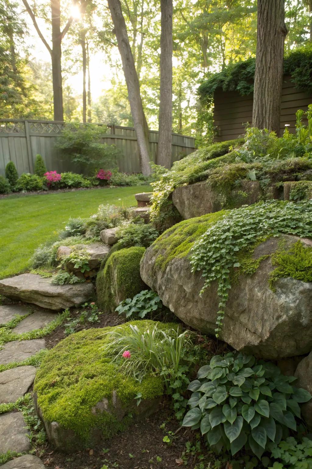 Boulders and plants together create a rich garden tapestry.