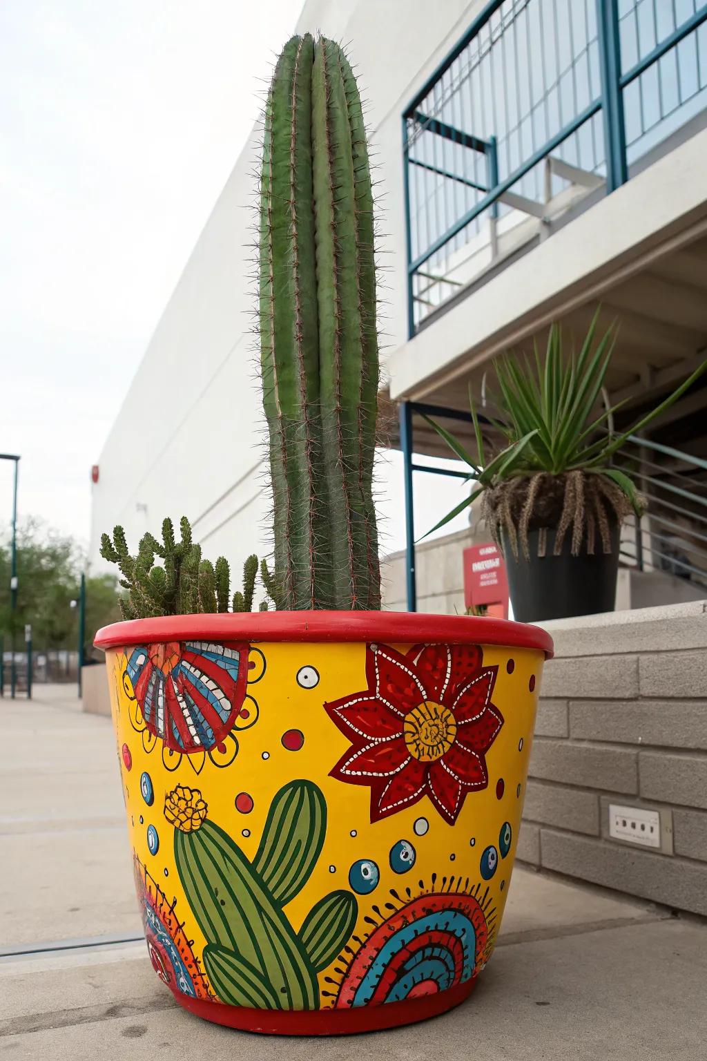 Painted pots add a whimsical and personal touch to your cactus planter.