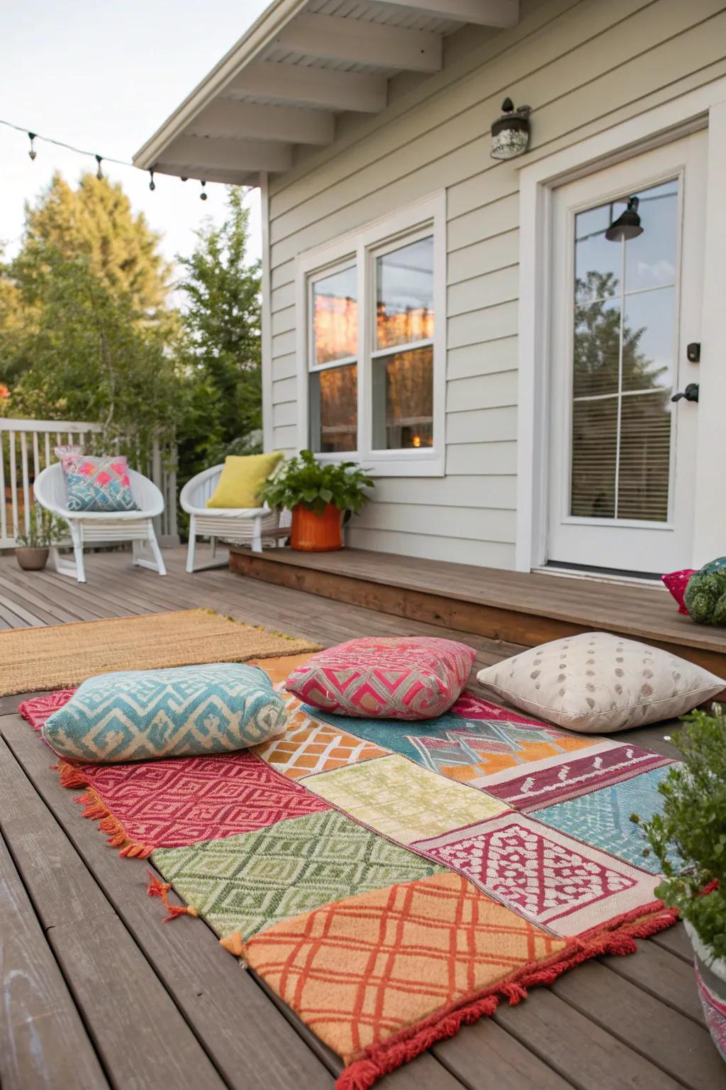 Rugs and textiles add texture and define spaces on your patio.