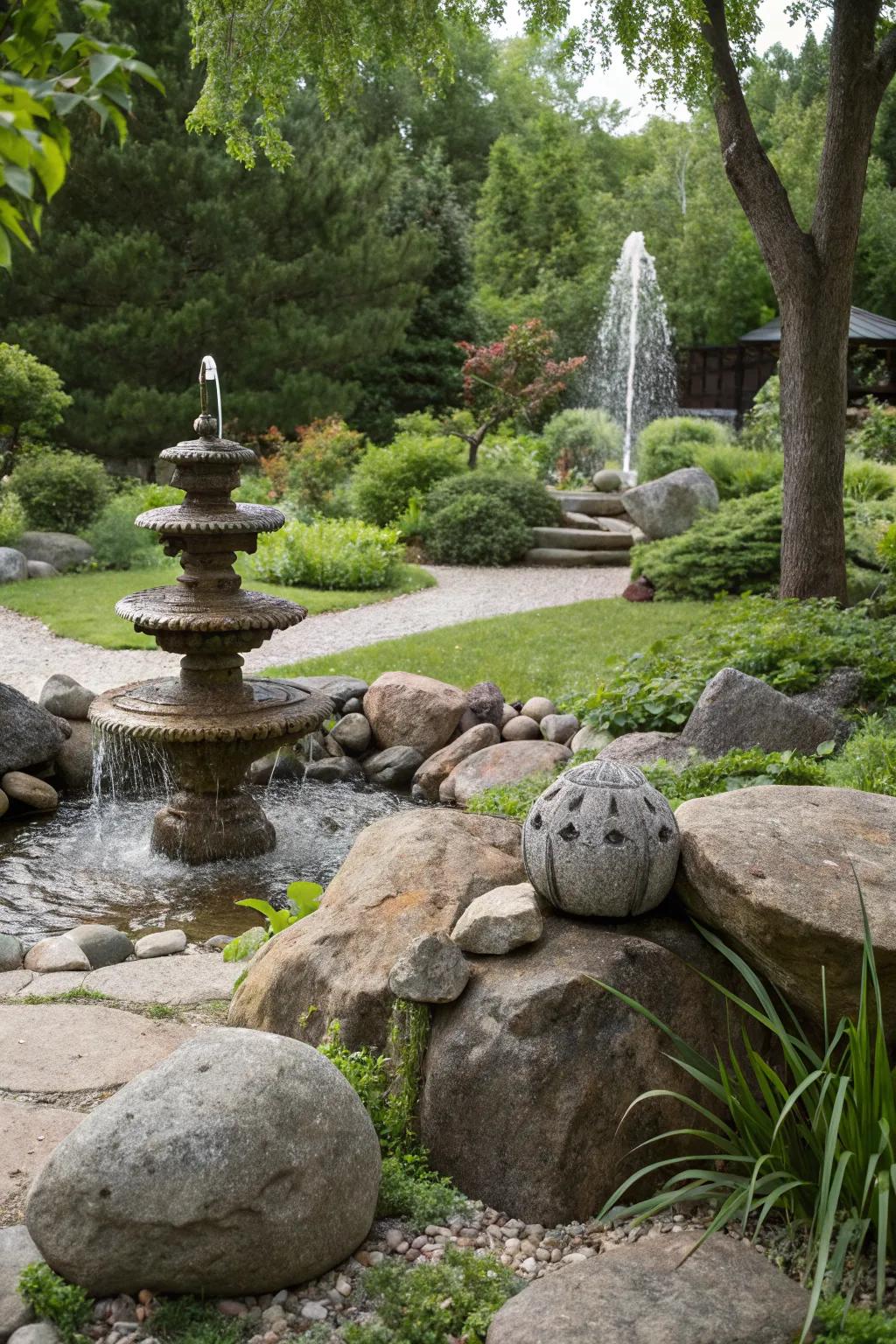Garden features accented by large river rocks.