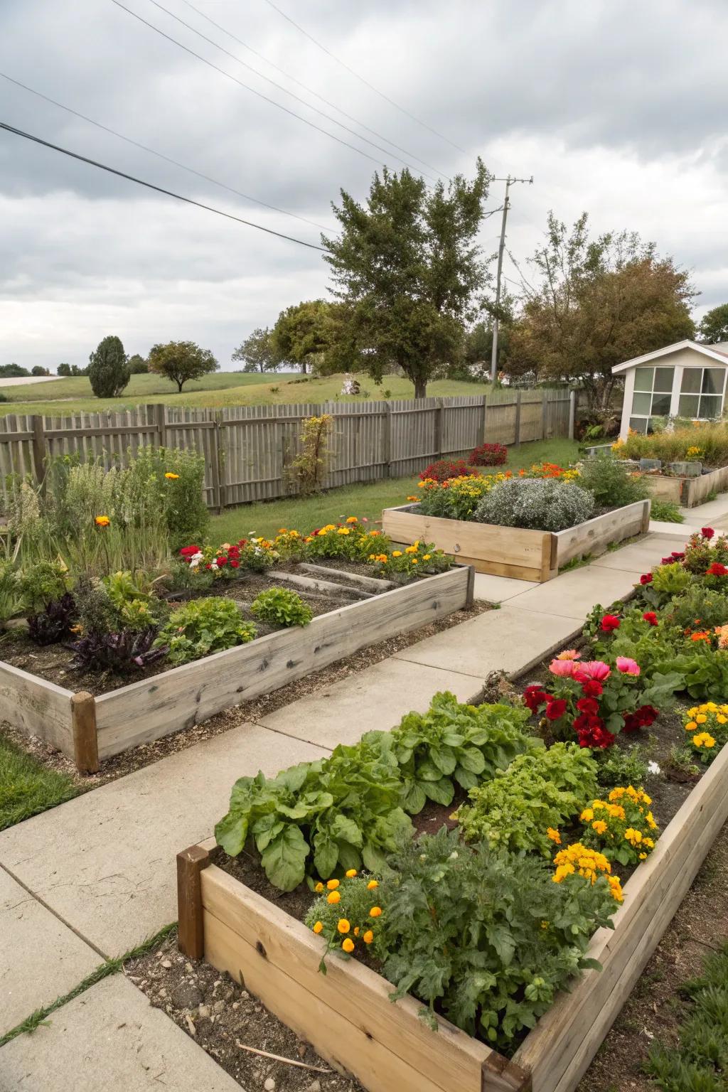 Raised garden beds bring color and utility, perfect for growing your own produce.