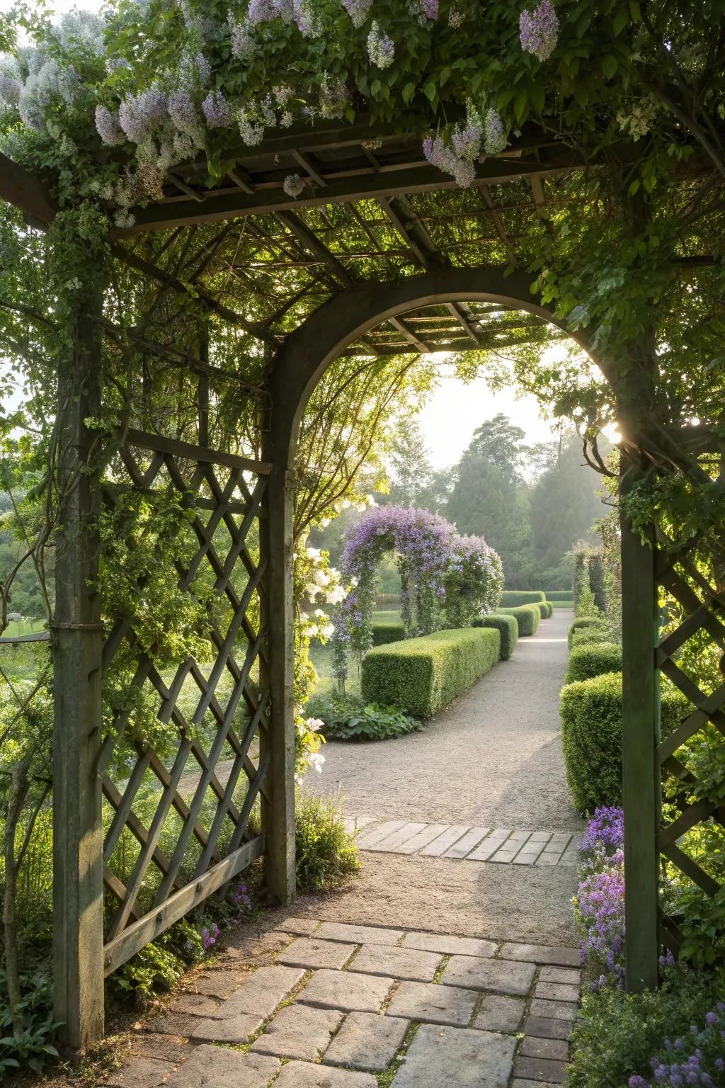 A lattice archway makes a welcoming garden entry.