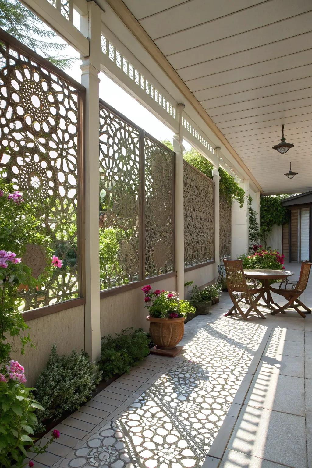 An artistic patio featuring decorative lattice panels with floral designs.