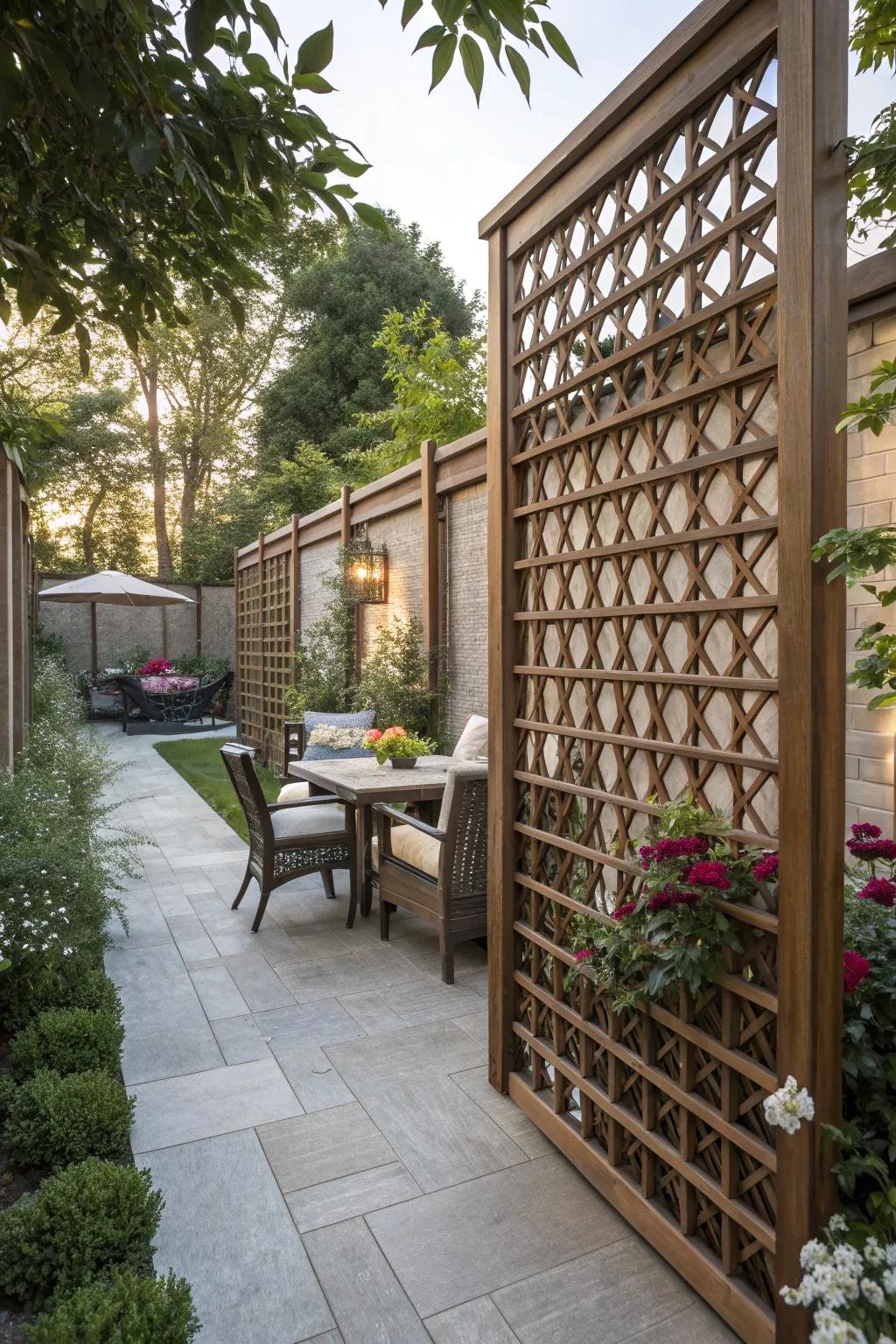 Lattice walls elegantly separate different patio areas.