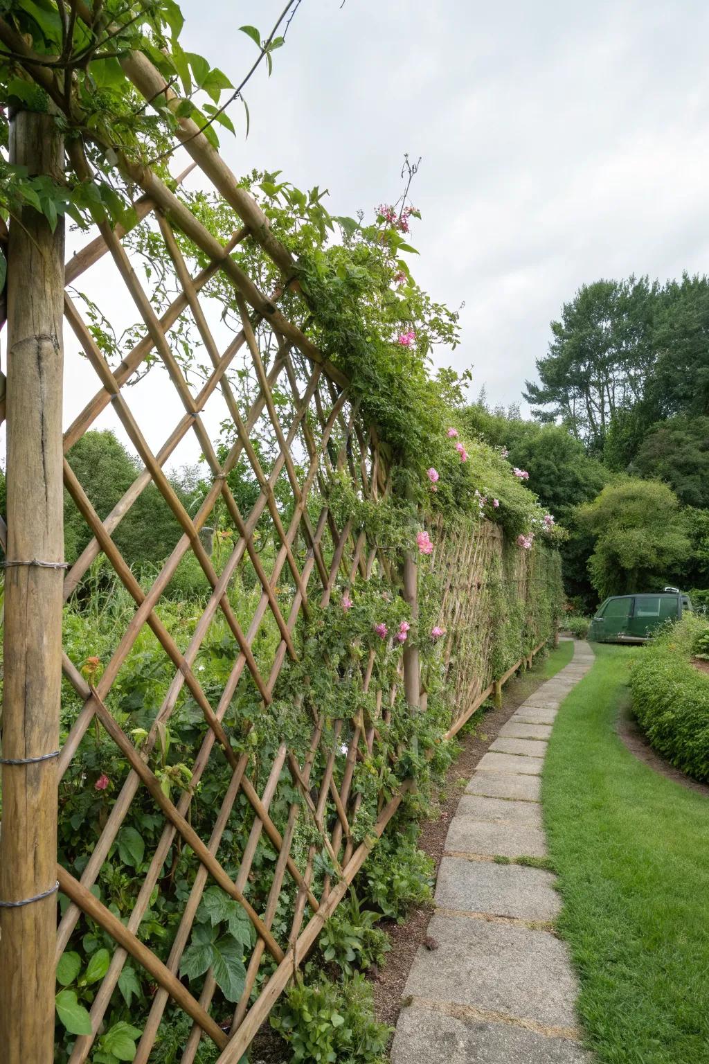 Bamboo lattice offers a natural and earthy garden aesthetic.