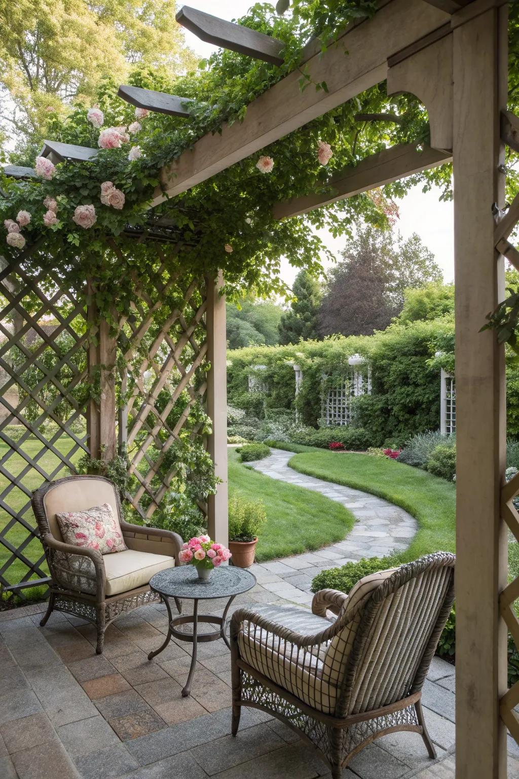 A lattice trellis enclosing a garden seating area.