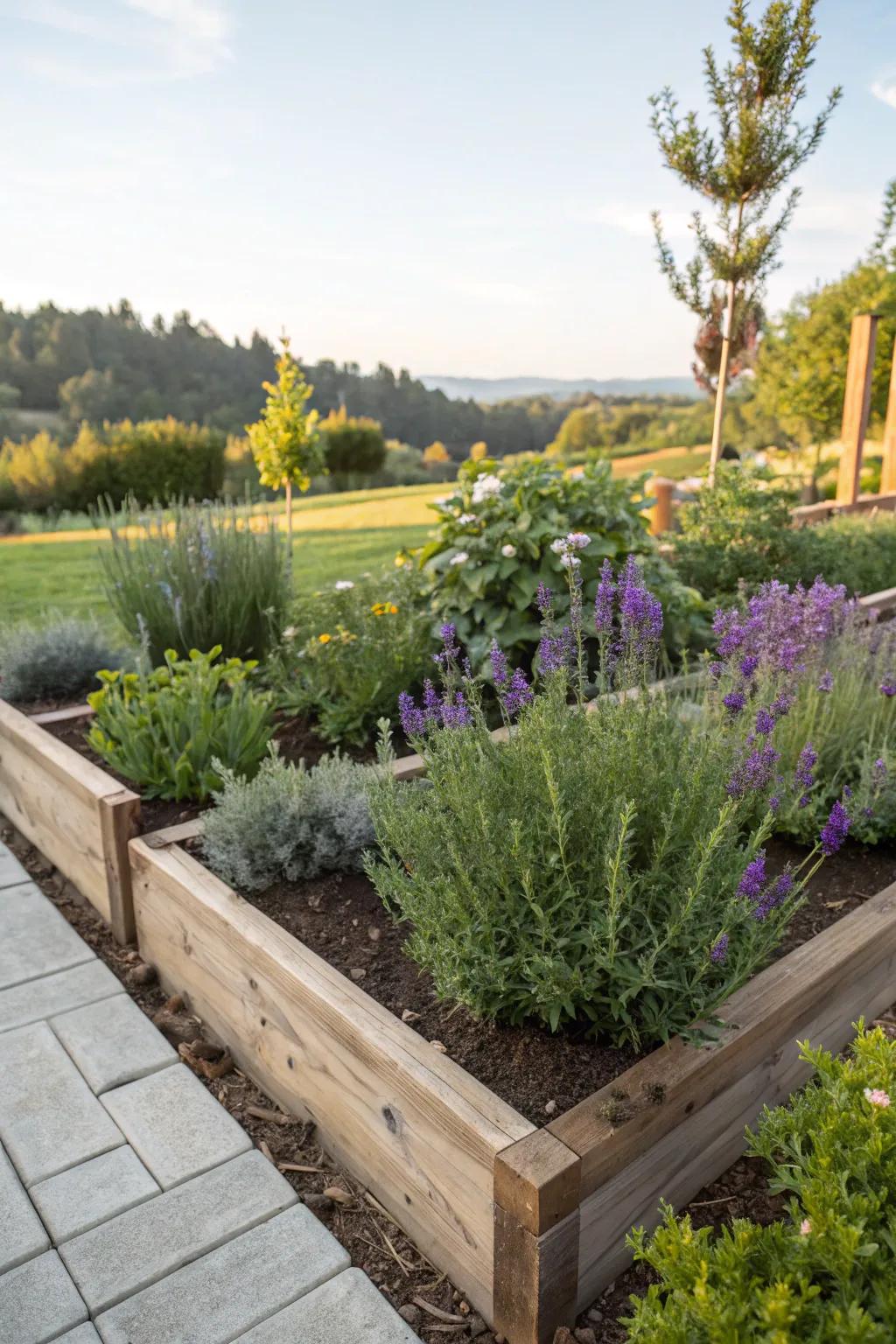Lavender nestled in a thriving herb garden.