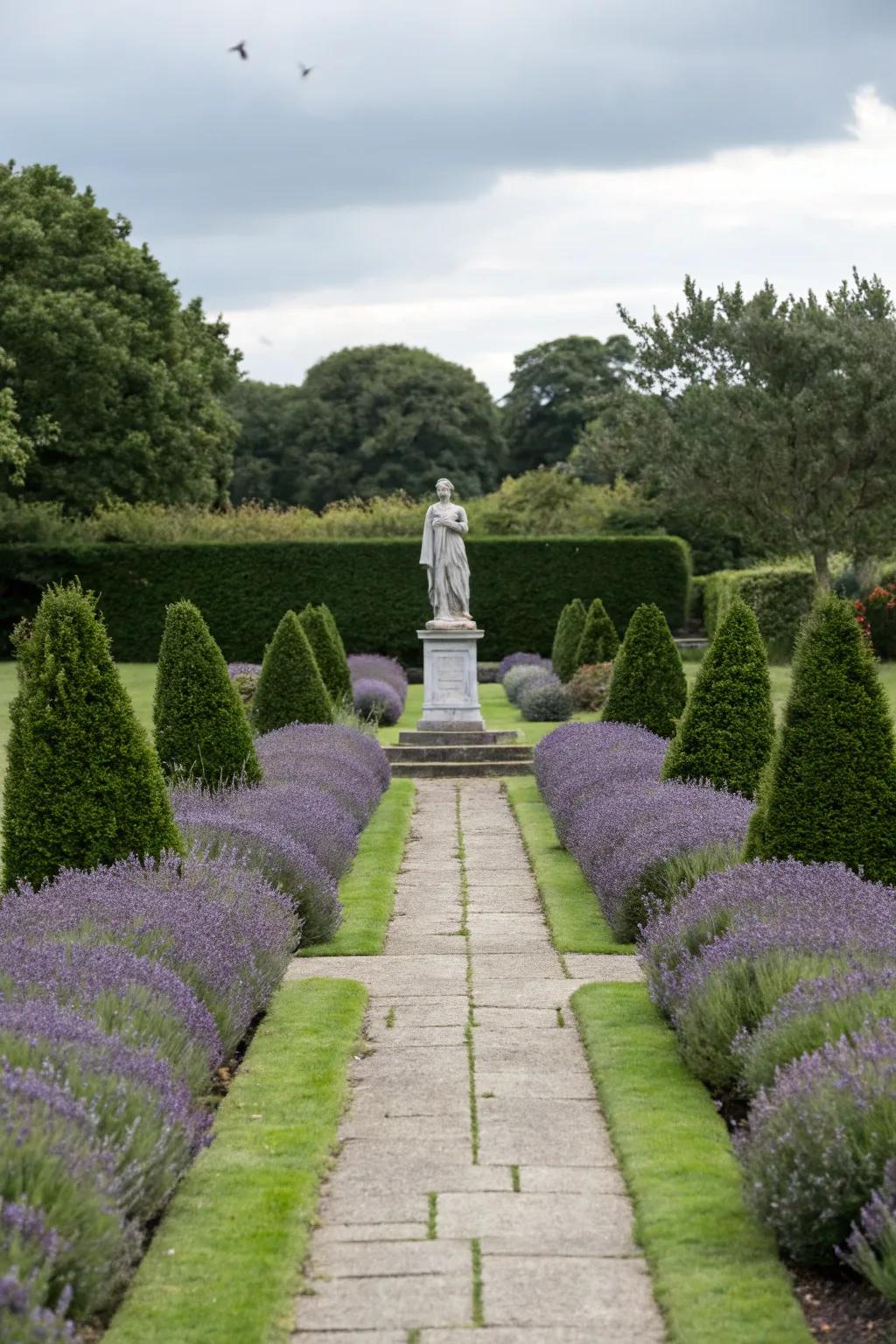 Formal garden elegance enhanced by lavender hedges.