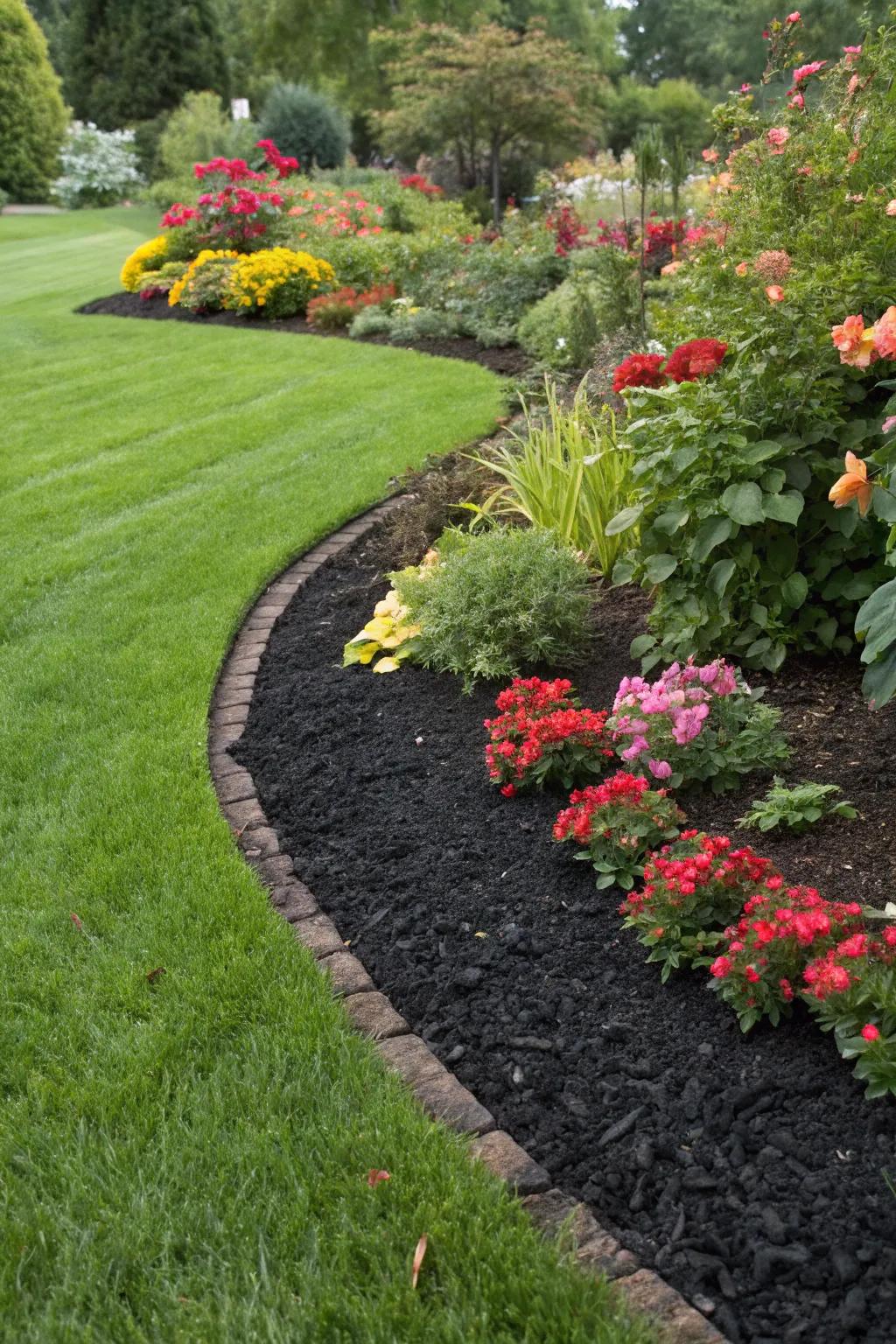 Mulch adds definition and contrast to the garden's lawn areas.