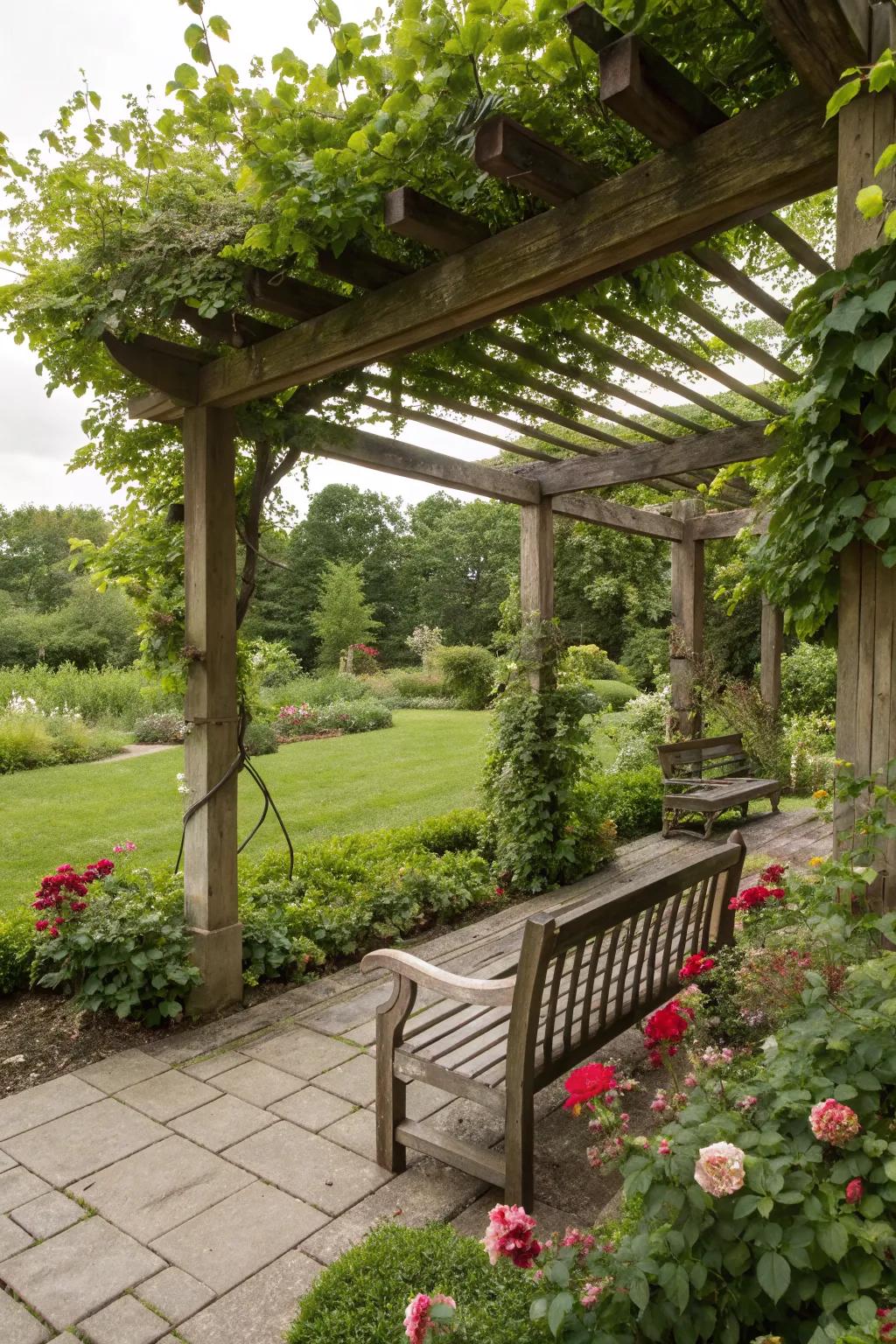A pergola adds structure and charm to this layered garden.