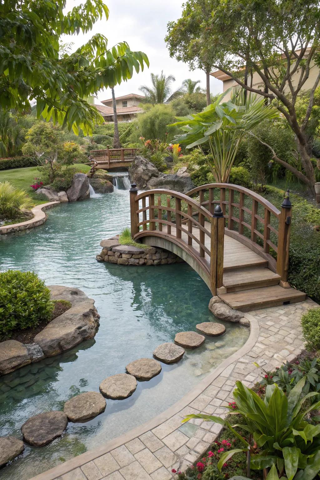 A lazy river pool with charming bridges and stepping stones, adding elegance and functionality.