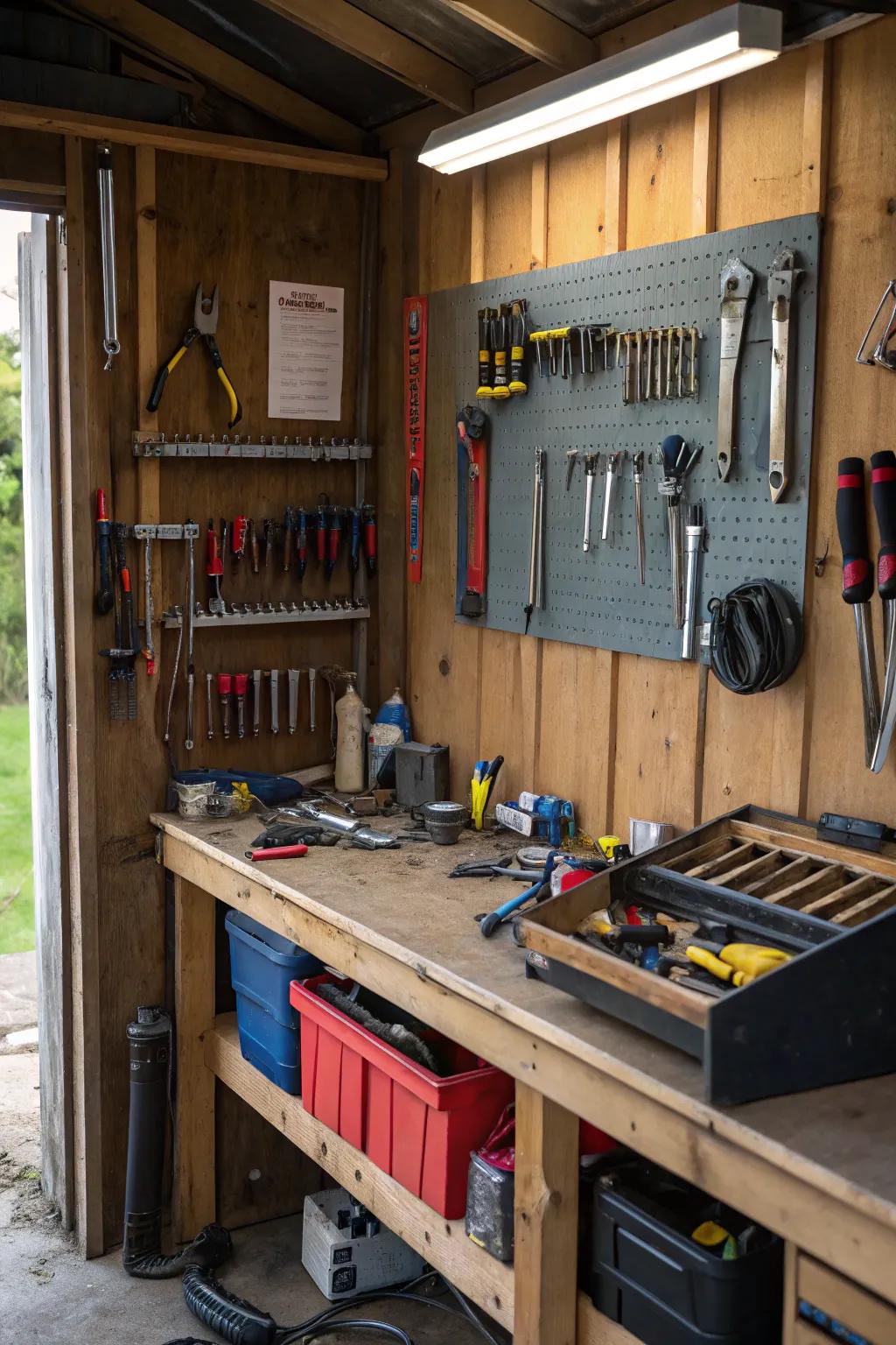 A compact workshop nook in a lean-to shed.