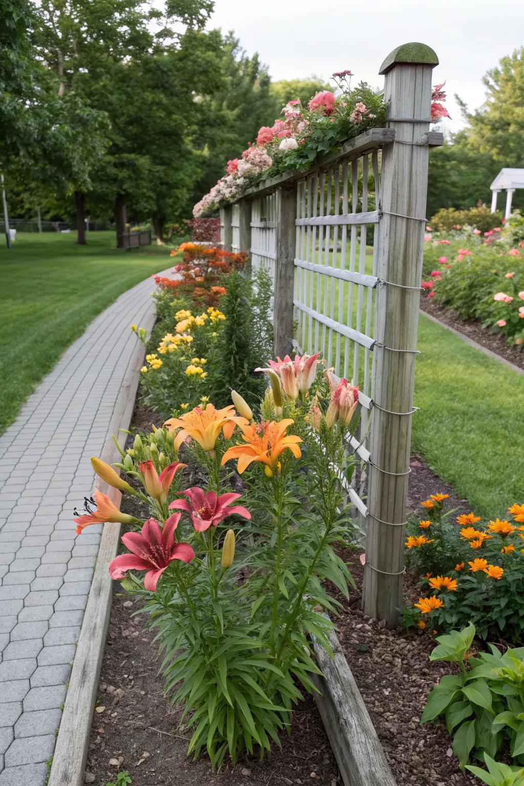 Garden structures enhancing the lily bed.