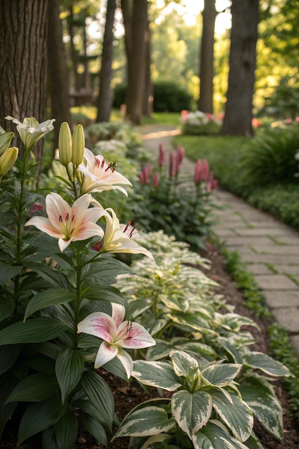 Lilies paired with variegated foliage for texture