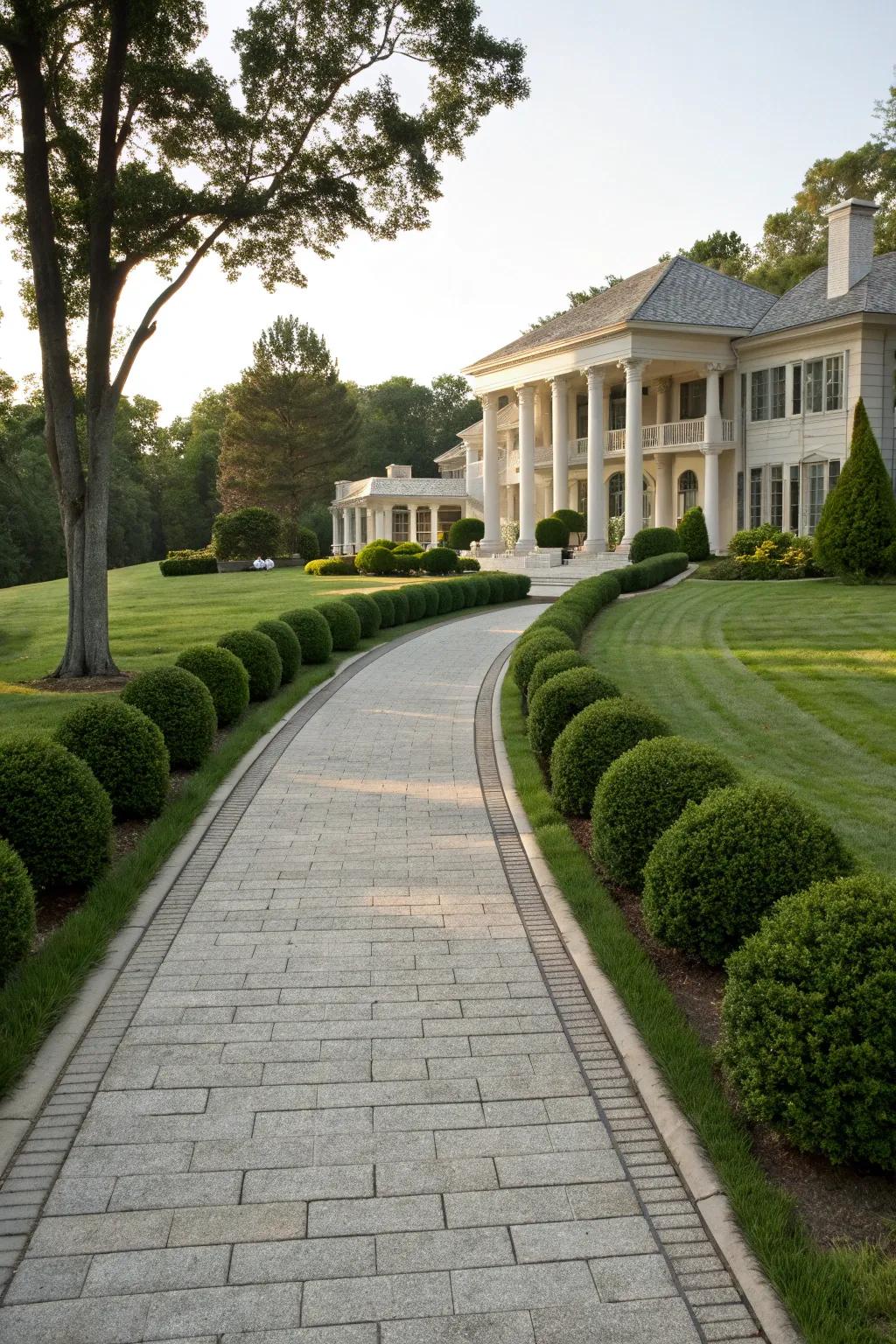 A grand limestone driveway leading up to an impressive mansion.