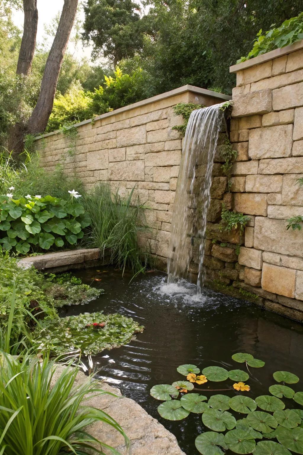 Limestone walls enhance garden water features with elegance.