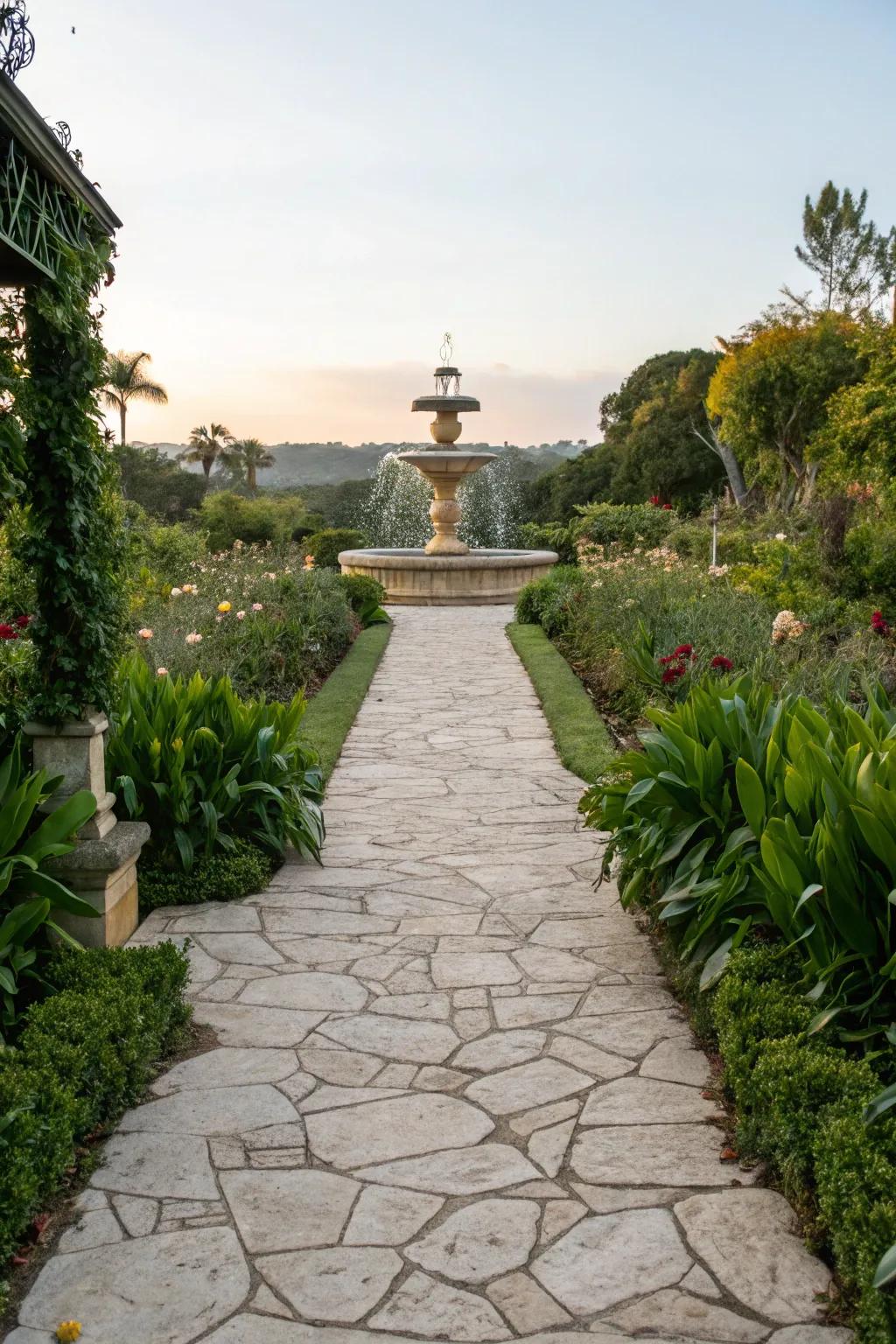Limestone path leading to a stunning garden fountain.