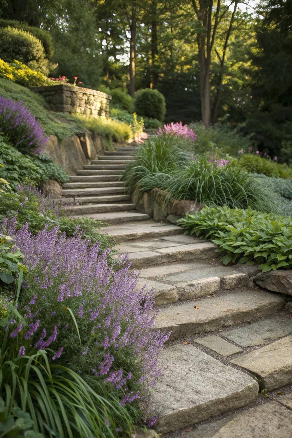 Liriope accentuating a garden pathway with its soft, colorful touch.
