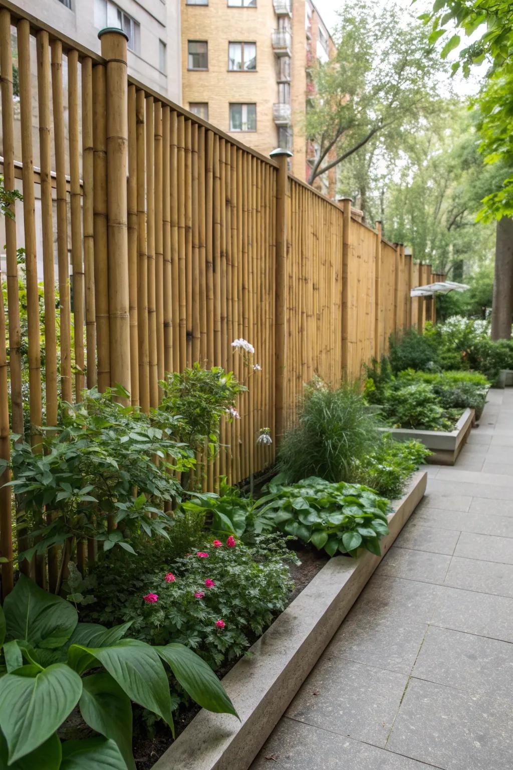 Vertical bamboo panels offering privacy and style in a compact urban garden.