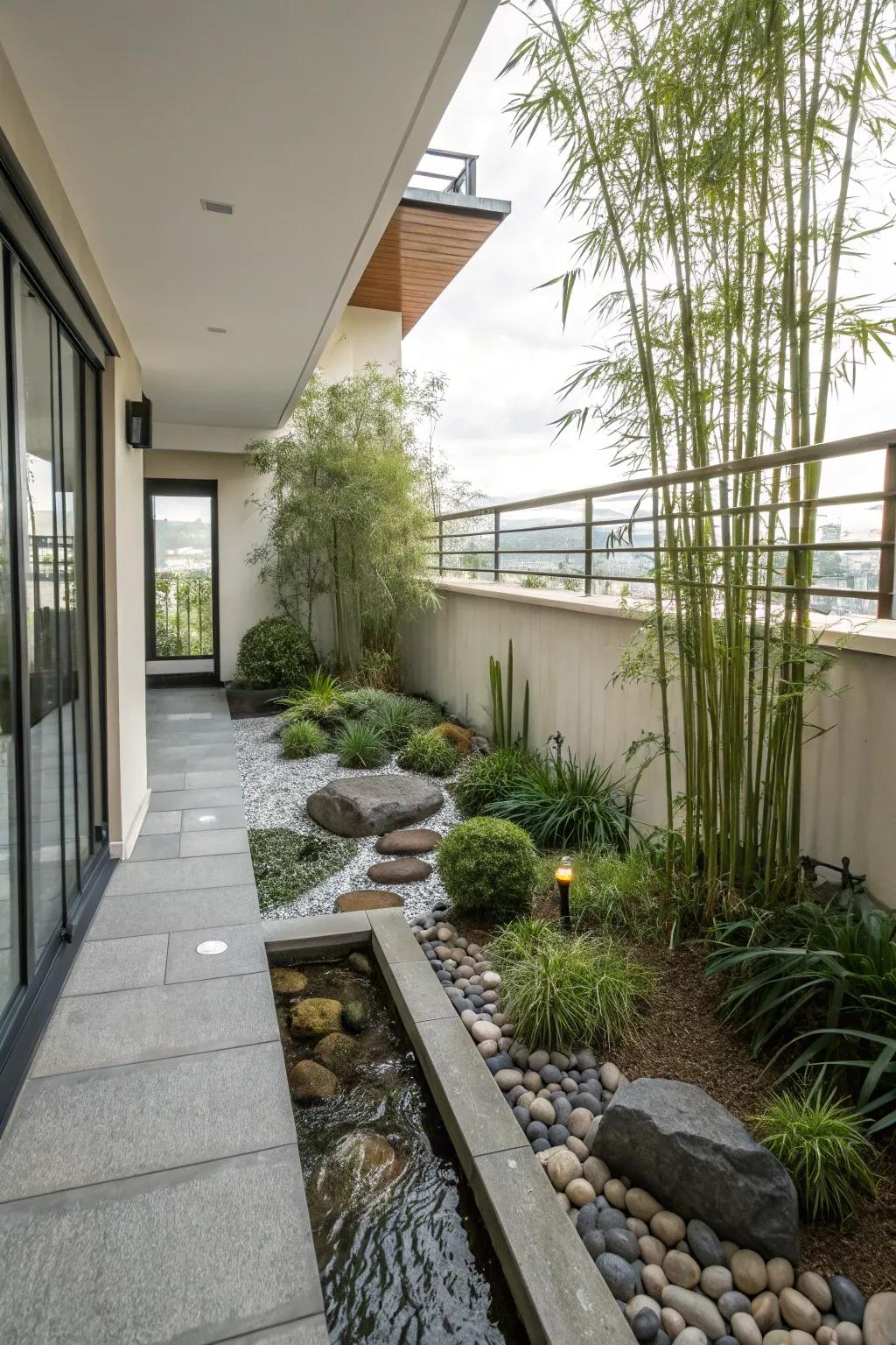 A Zen garden on your balcony promotes relaxation and peace.