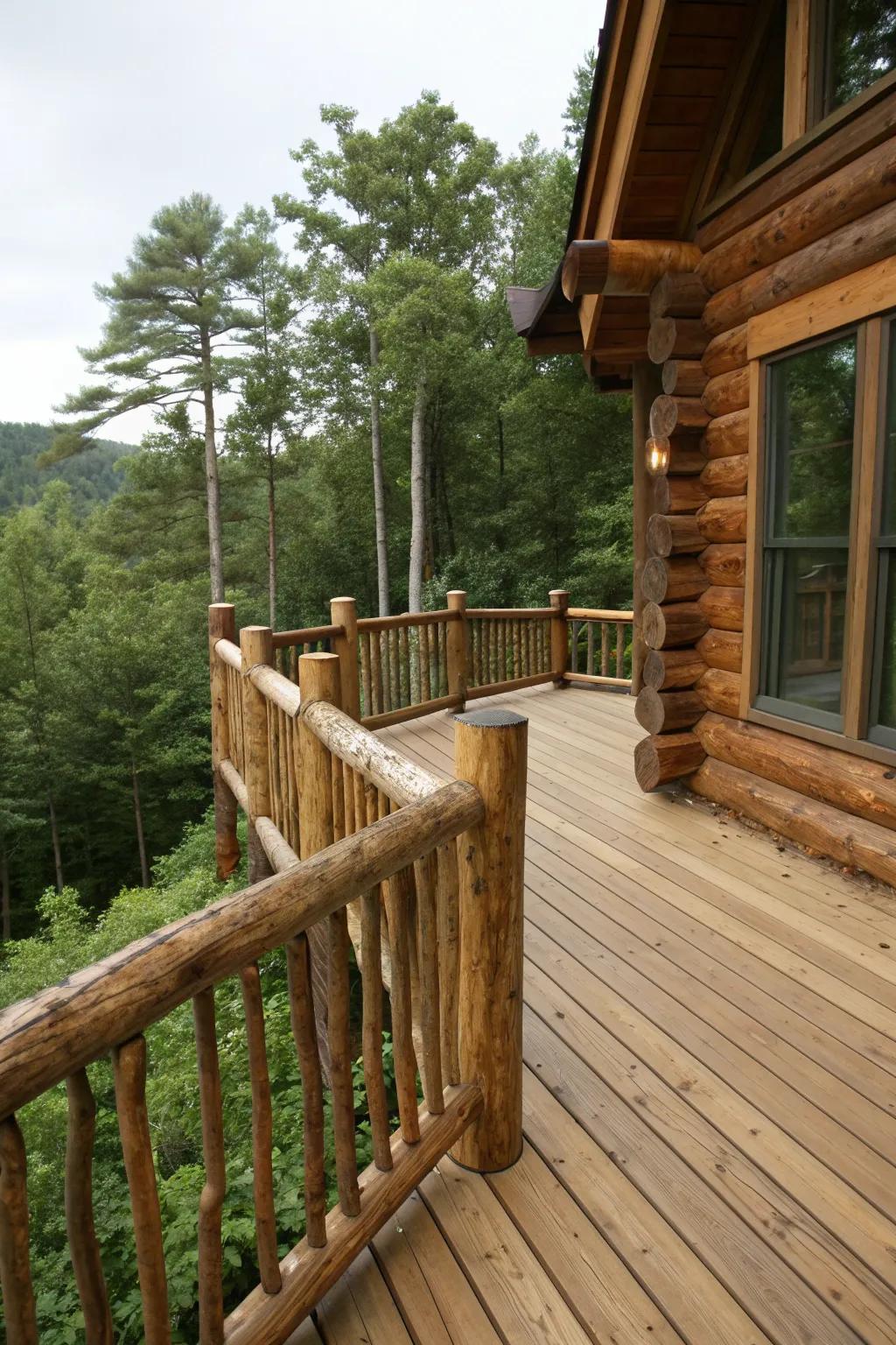Hickory railings with dense grain and bark-on texture create a rugged, authentic look.