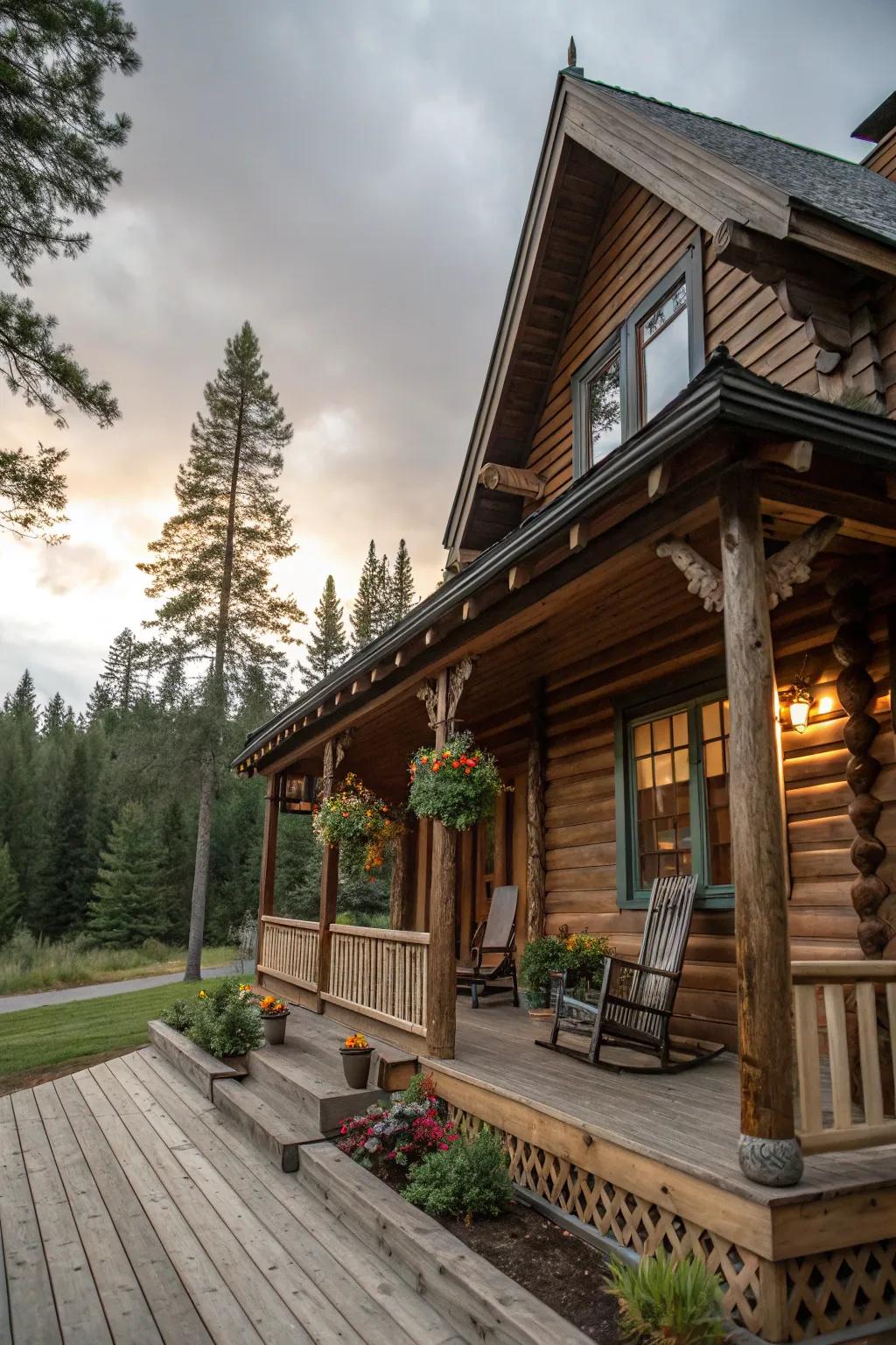 A beautifully designed log cabin exterior with a welcoming porch.