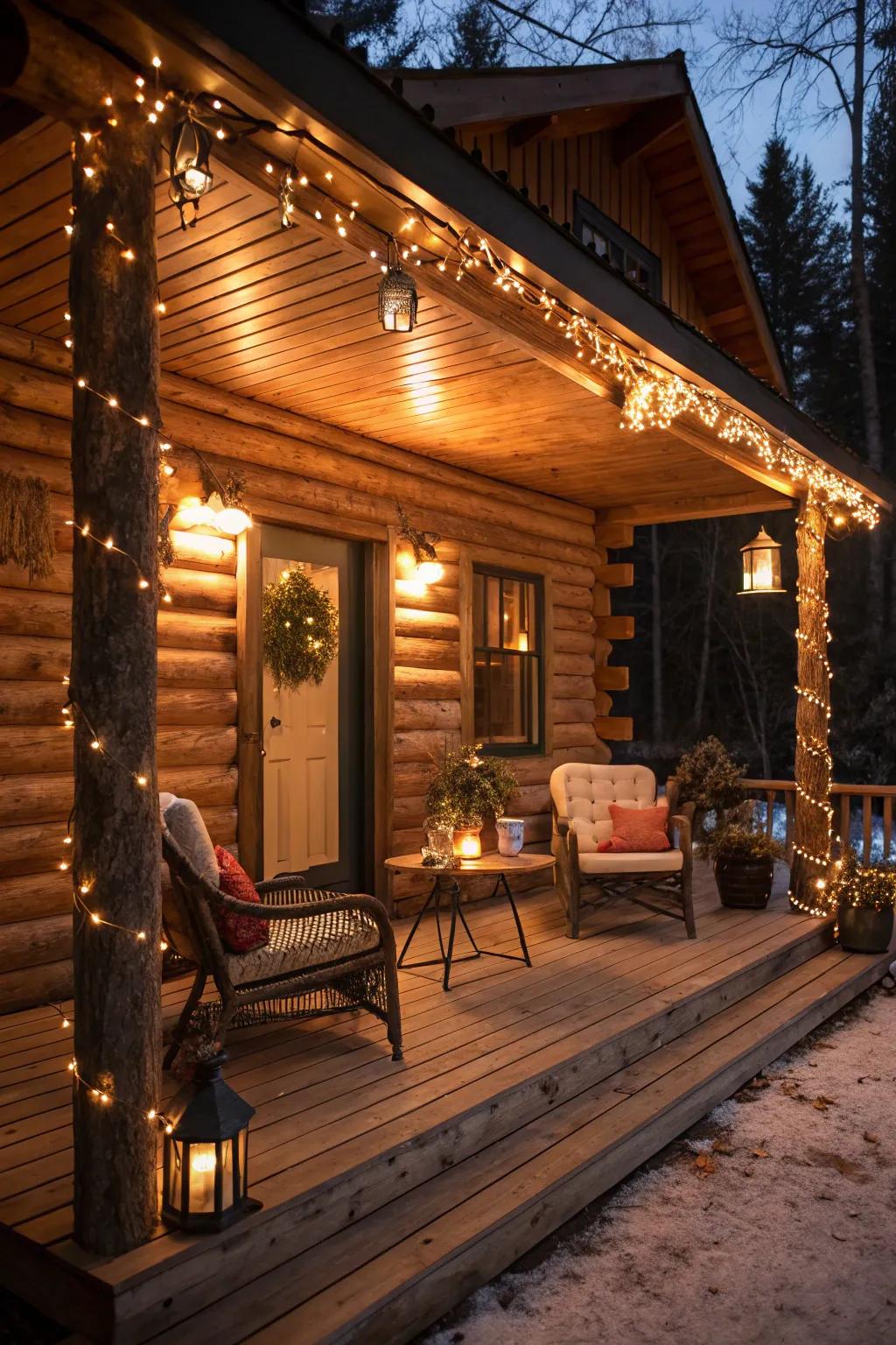 A log cabin porch aglow with warm lights, offering a welcoming and magical evening atmosphere.
