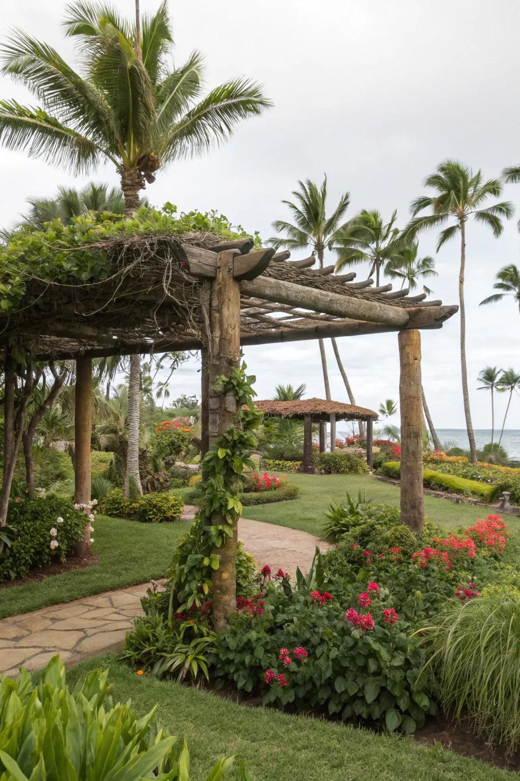 A tropical oasis created by a log pergola among palms.