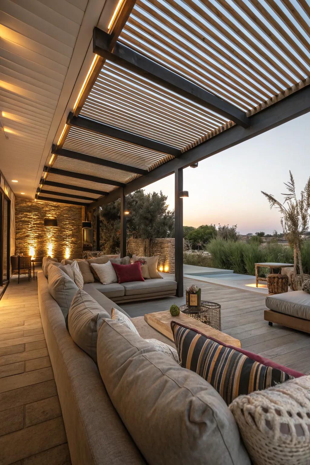 A perfect lounging retreat under a louvered cover.