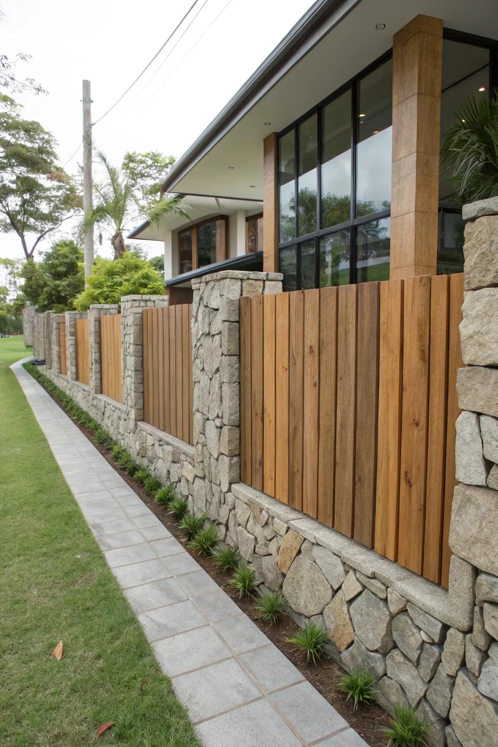 The combination of stone and wood creates a durable and visually appealing fence.