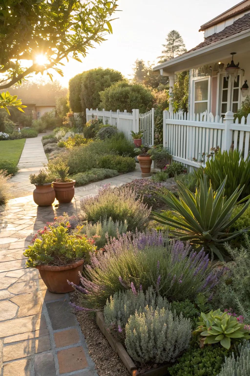 Mediterranean-style gardens blend succulents with fragrant herbs.