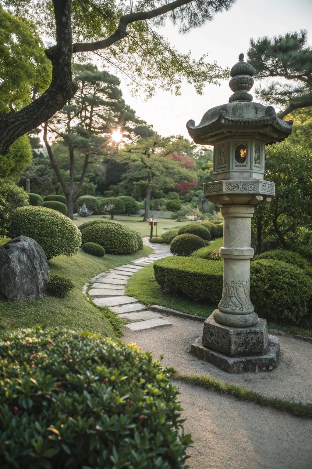 Stone lanterns bring traditional charm and subtle lighting.