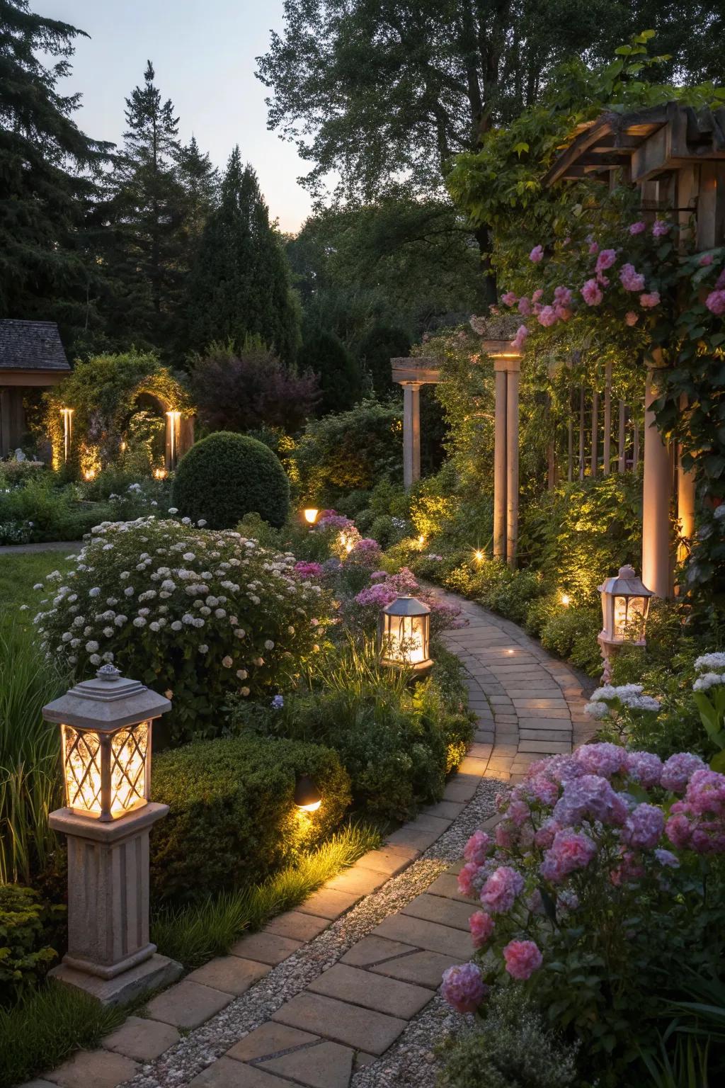 Solar-powered lights illuminating a modern garden.