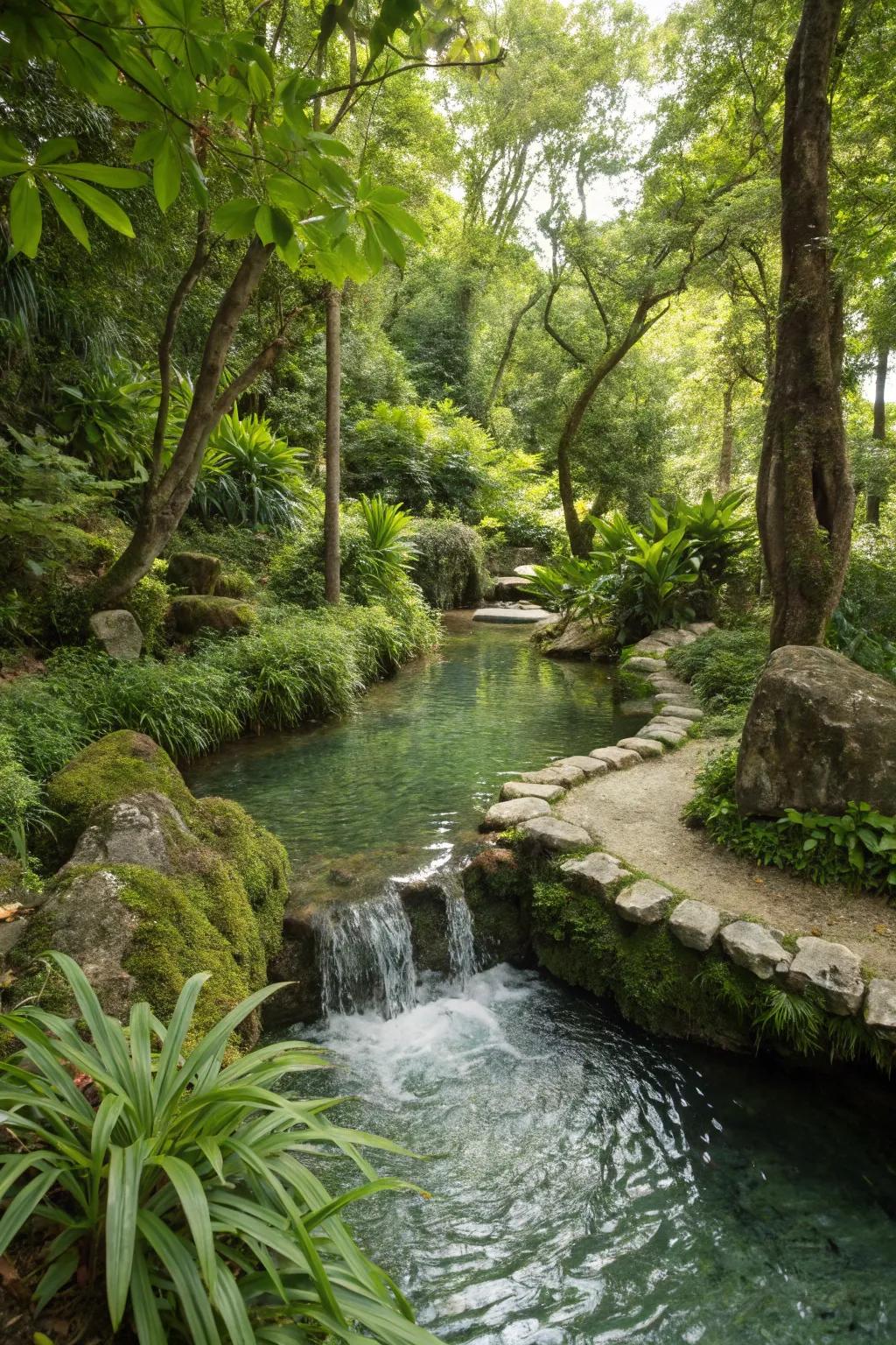 A small water feature adds tranquility and charm.