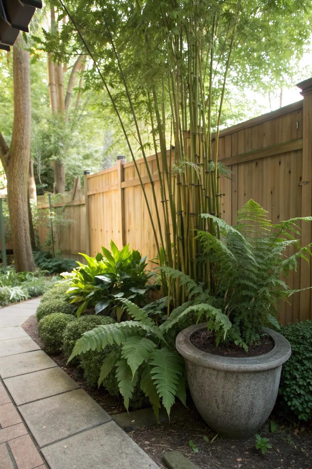 A serene zen garden mix with bamboo and ferns for shaded areas.