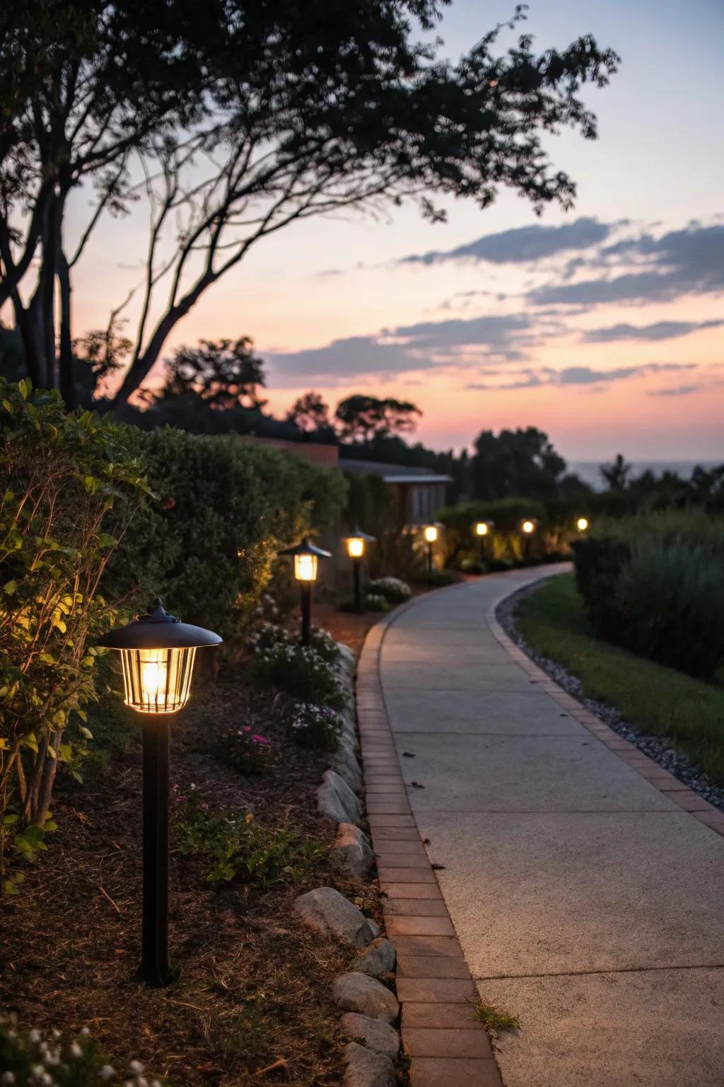 Solar lights casting a warm glow over a low-maintenance side yard.