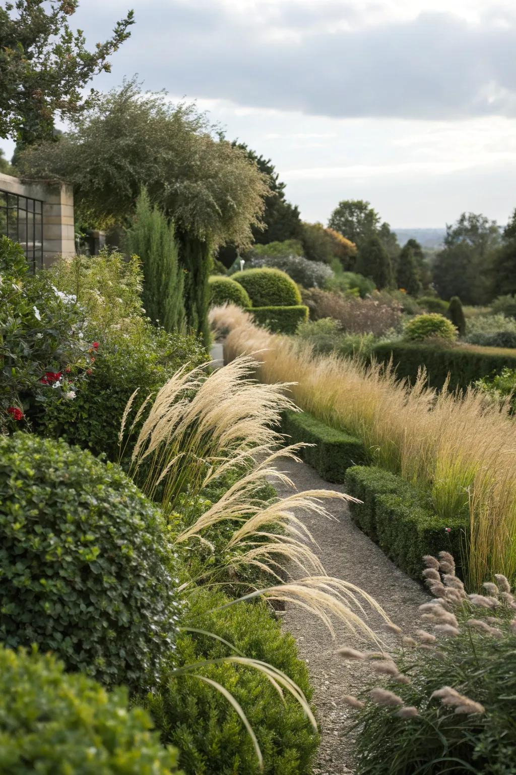 Shrubs and ornamental grasses offer a lush, low-maintenance backdrop.