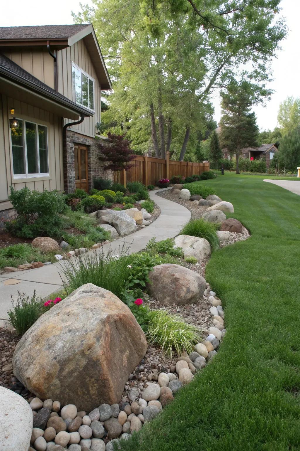 Natural stones and boulders add structure and reduce plant maintenance in a tropical front yard.